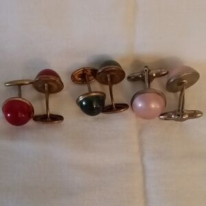 Men's Button-Style Cufflinks Set with Red, Green, and Pink Domes